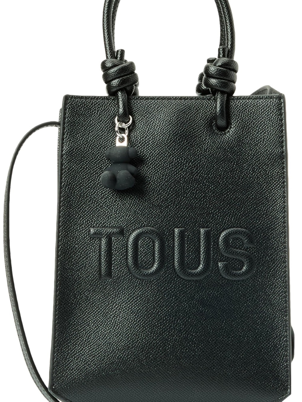 TOUS Black Textured Leather Mini Tote with Bear Charm